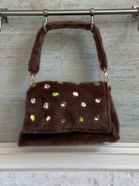 Anthropologie Audra Faux Fur Brown Top-Handle shoulder Bag pastel Gem Accents